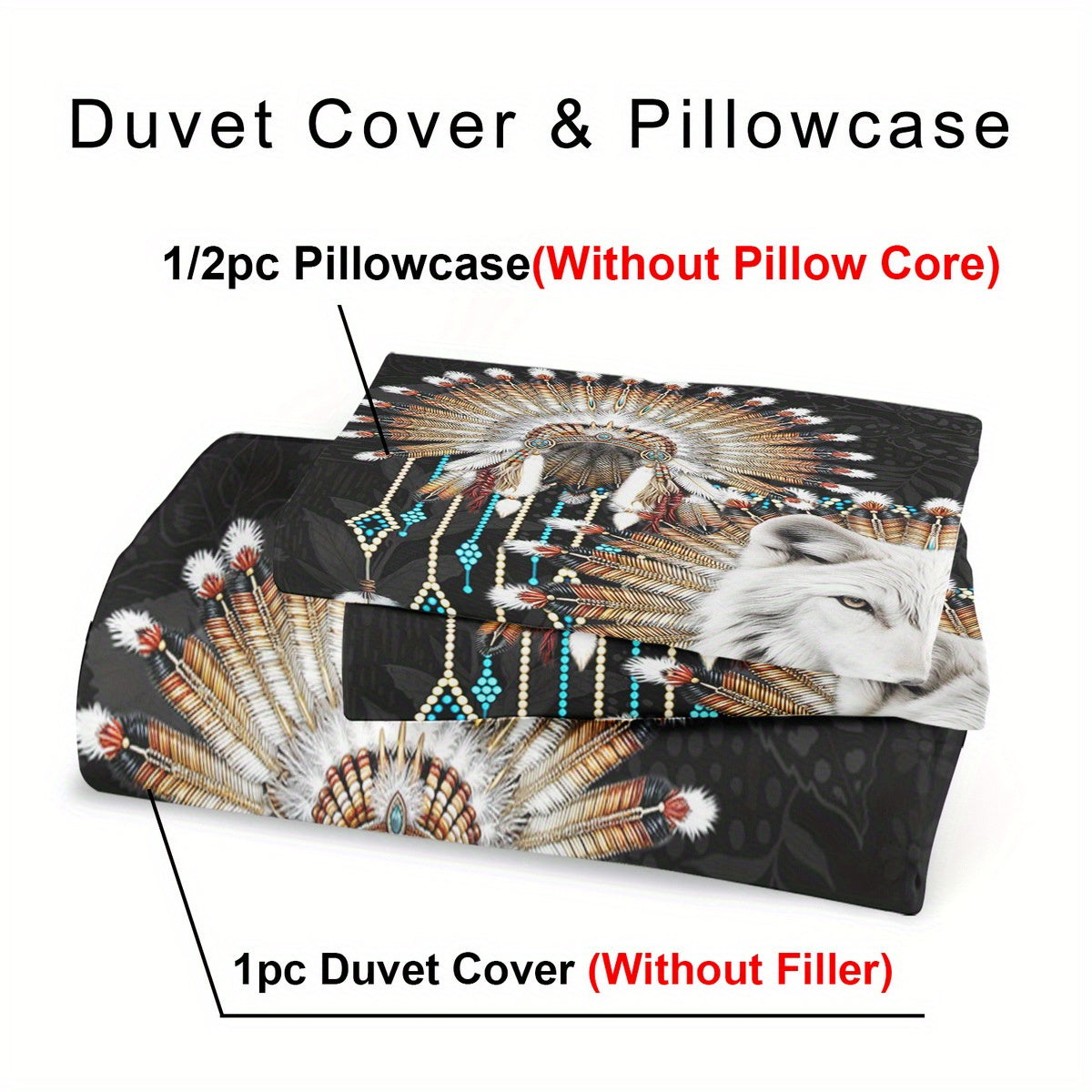 Western Tribe Wolf Duvet Cover Set - 2/3pcs, Soft, King Size, Animal Print, All-Season