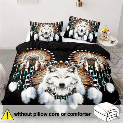 Western Tribe Wolf Duvet Cover Set - 2/3pcs, Soft, King Size, Animal Print, All-Season