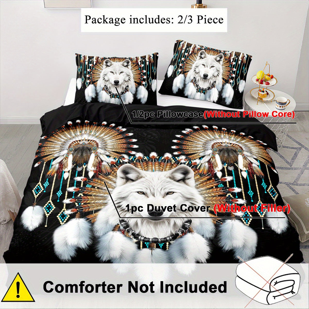 Western Tribe Wolf Duvet Cover Set - 2/3pcs, Soft, King Size, Animal Print, All-Season