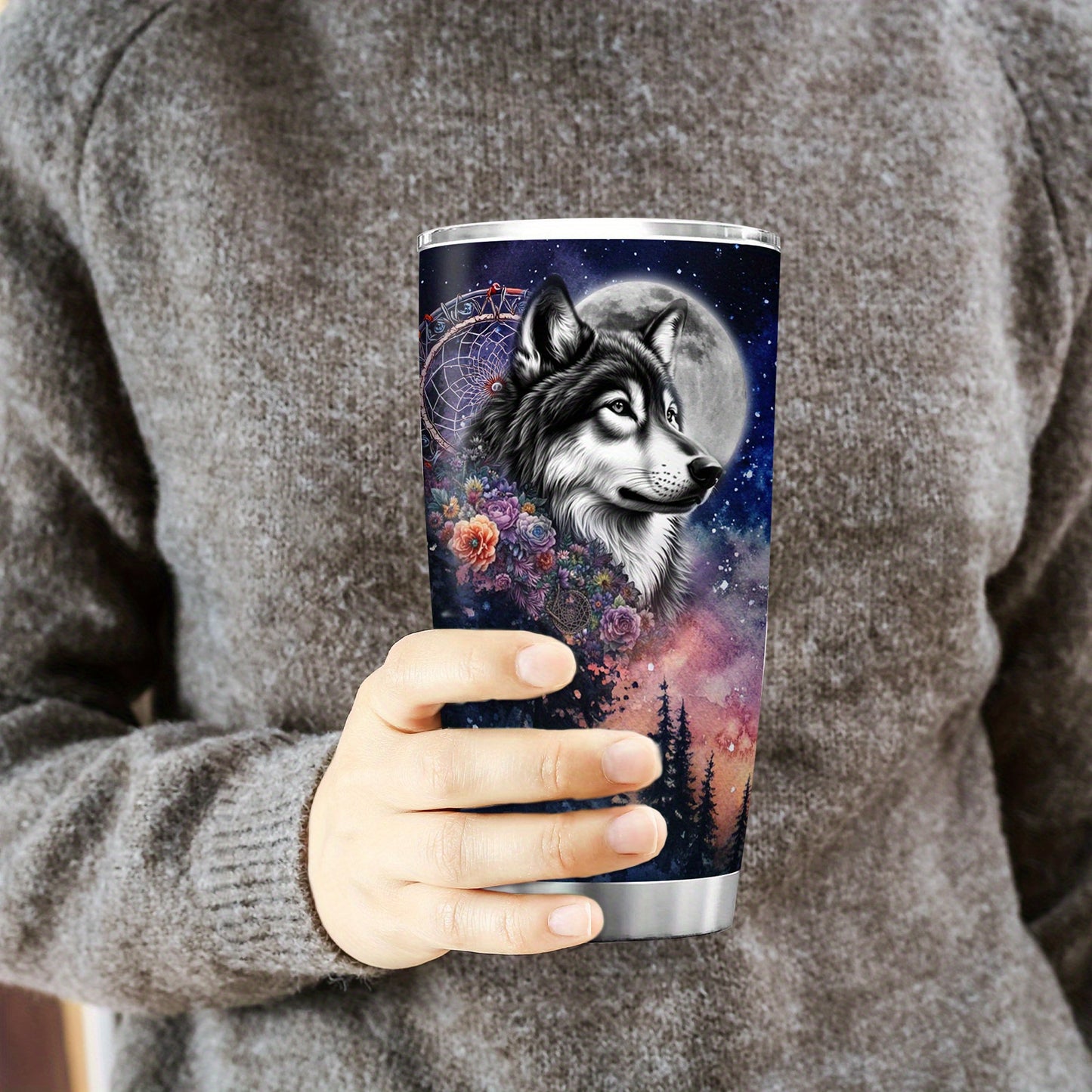 Wolf & Moon Tumbler - 20oz, Double-Wall Insulated, Mystical Forest, Car Cup, Gift