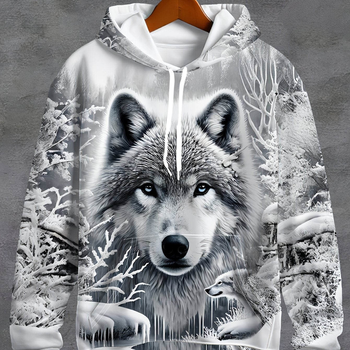 Men's Wolf Print Hoodie - 3D Animal Pattern, Polyester, Regular Fit, Fall/Winter