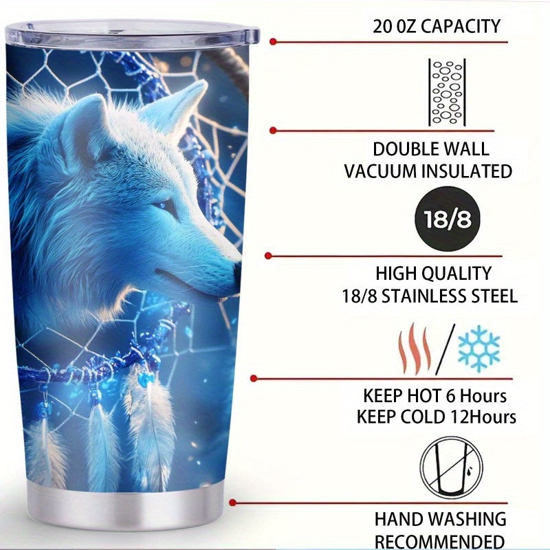 Mystic Guardian Wolf & Dreamcatcher Tumbler - 20oz, Double-Wall Insulated, Travel Mug, Gift