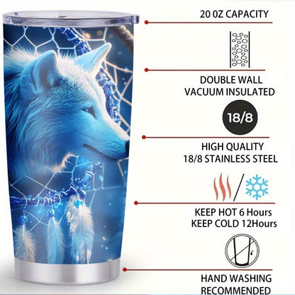 Mystic Guardian Wolf & Dreamcatcher Tumbler - 20oz, Double-Wall Insulated, Travel Mug, Gift