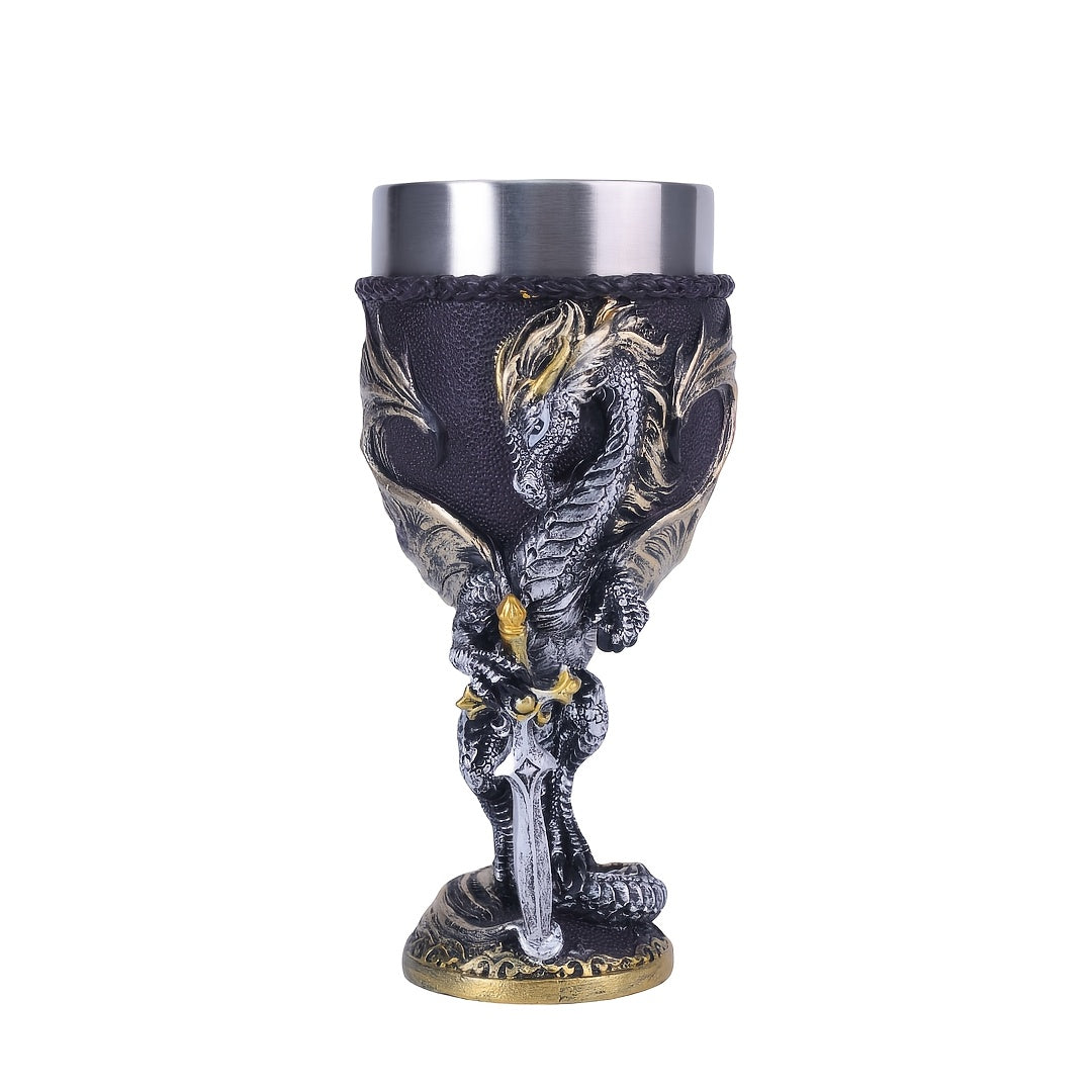 Medieval Dragon & Sword Wine Cup - 7oz, Insulated Stainless Steel, Gothic, Holiday Gift