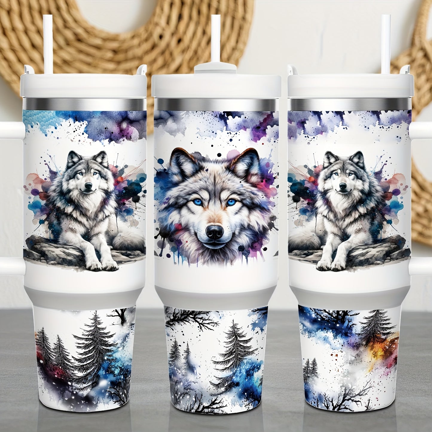 Mikenda Floral Wolf Tumbler - 40oz, Insulated Stainless Steel, Straw & Lid, Hot & Cold