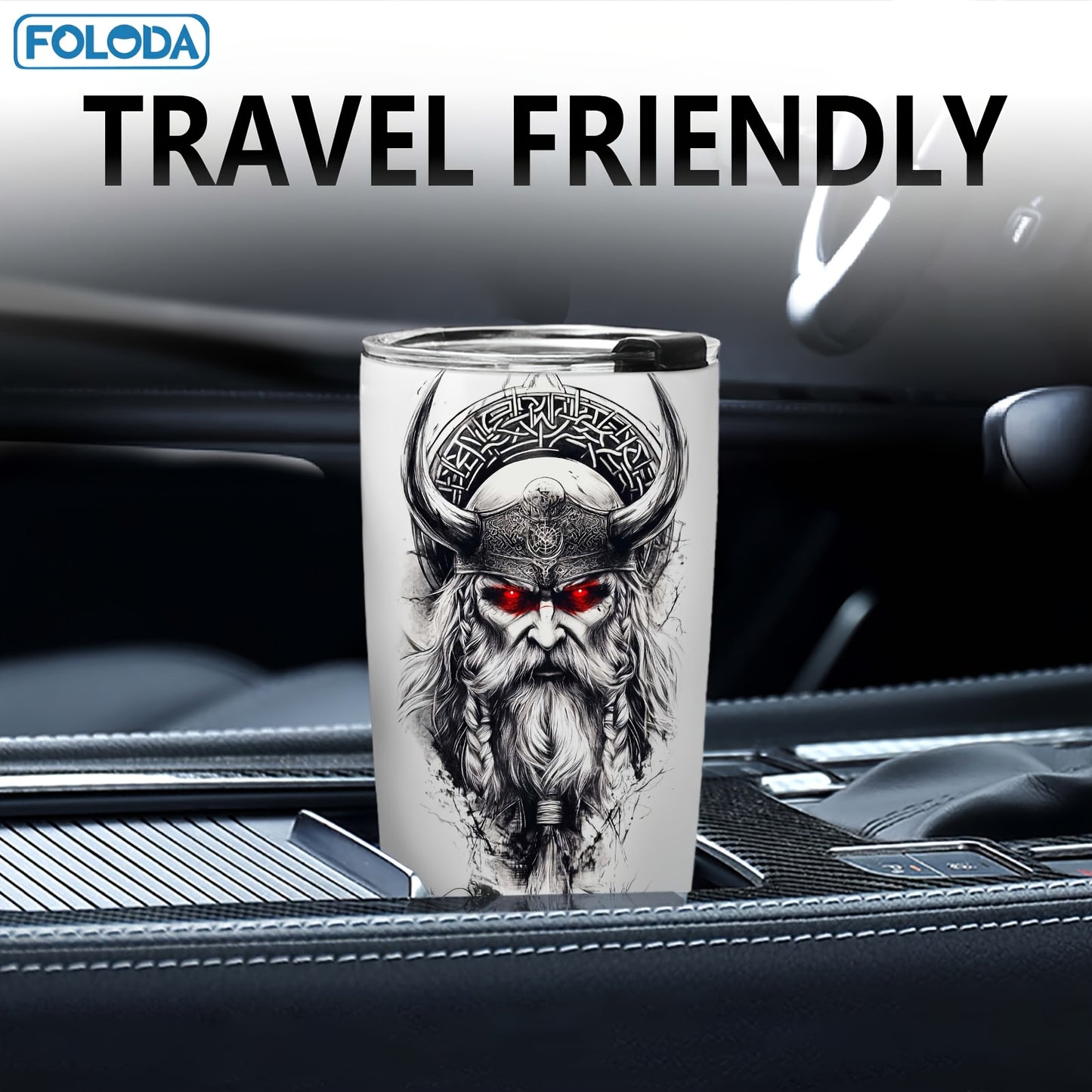 Foloda Viking Wolf Tumbler - 20oz, Insulated Stainless Steel, Lid, Norse Design, Men's Gift