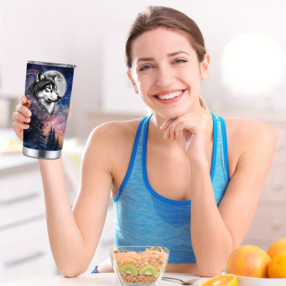 Wolf & Moon Tumbler - 20oz, Double-Wall Insulated, Mystical Forest, Car Cup, Gift