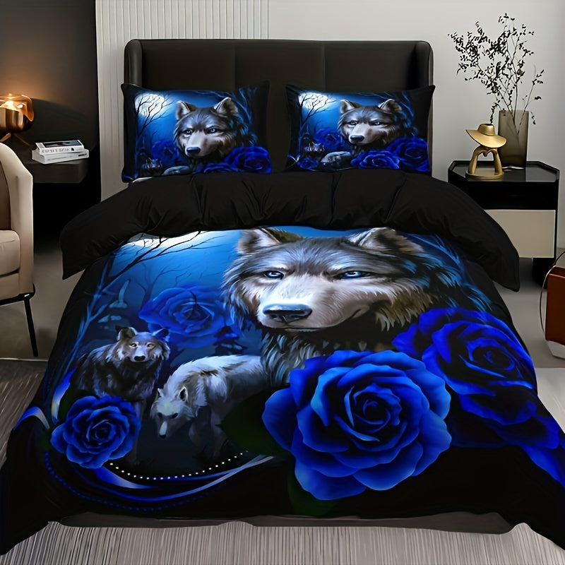 Wolf Blue Rose Duvet Cover Set - 3pcs, Soft, Breathable, All-Season, Bedroom Decor