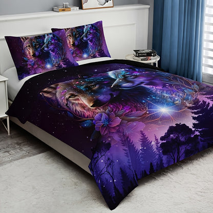 Starry Sky Forest Wolf Print 3-Piece Bedding Set - Soft & Breathable Duvet Cover for Bedroom, Guest Room & Dorm