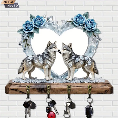 Wolf & Heart Wooden Key Rack - Rustic, Wall-Mounted, 4 Hooks, Winter Wonderland, Christmas Gift