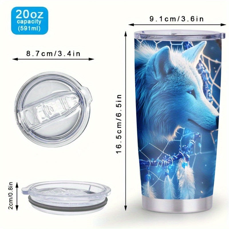 Mystic Guardian Wolf & Dreamcatcher Tumbler - 20oz, Double-Wall Insulated, Travel Mug, Gift
