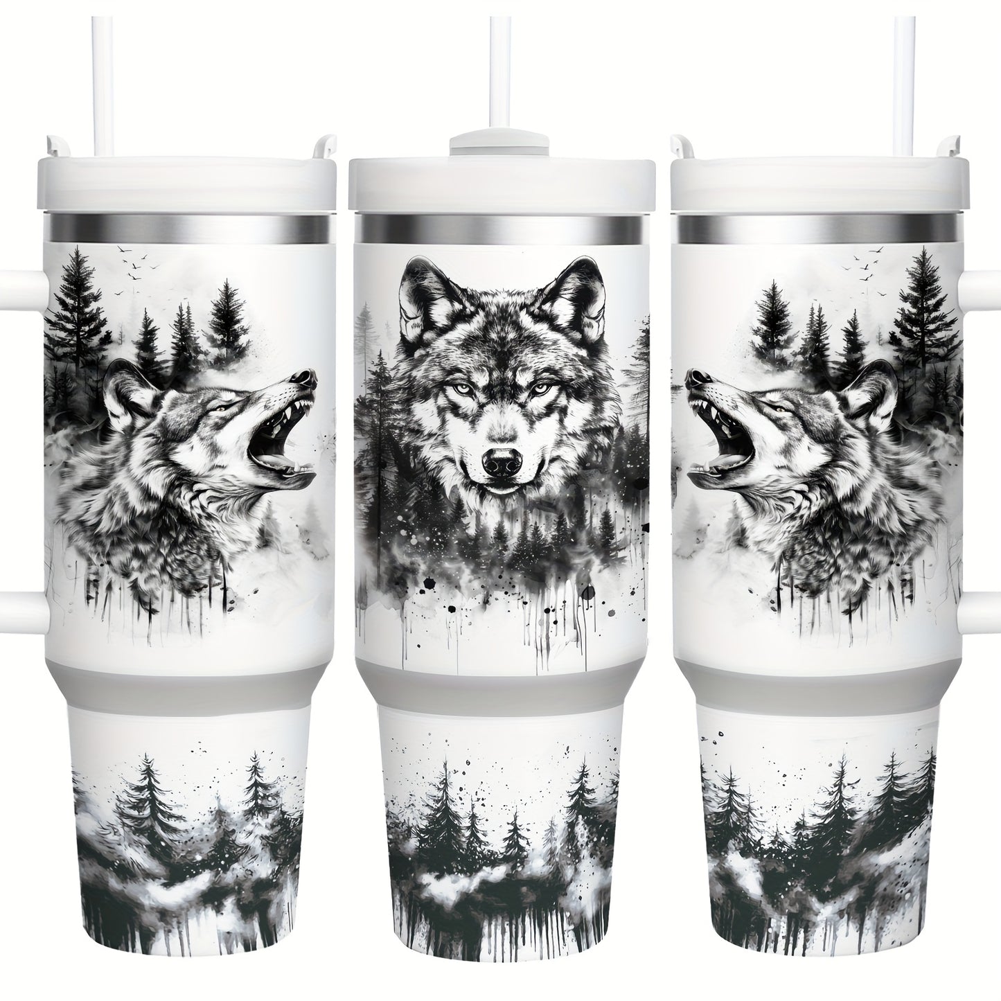 Mikenda Floral Wolf Tumbler - 40oz, Insulated Stainless Steel, Straw & Lid, Hot & Cold