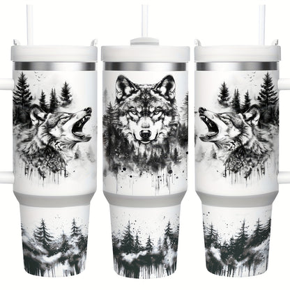 Mikenda Floral Wolf Tumbler - 40oz, Insulated Stainless Steel, Straw & Lid, Hot & Cold