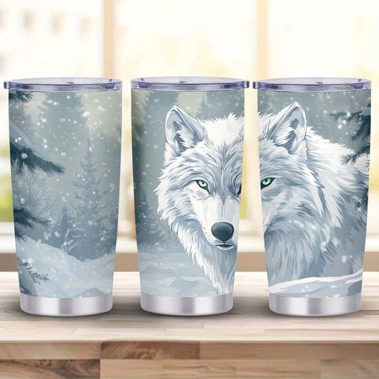 Snowy Wolf Insulated Water Cup - 20oz, Double-Layer, Large Capacity, Car Cup, Gift