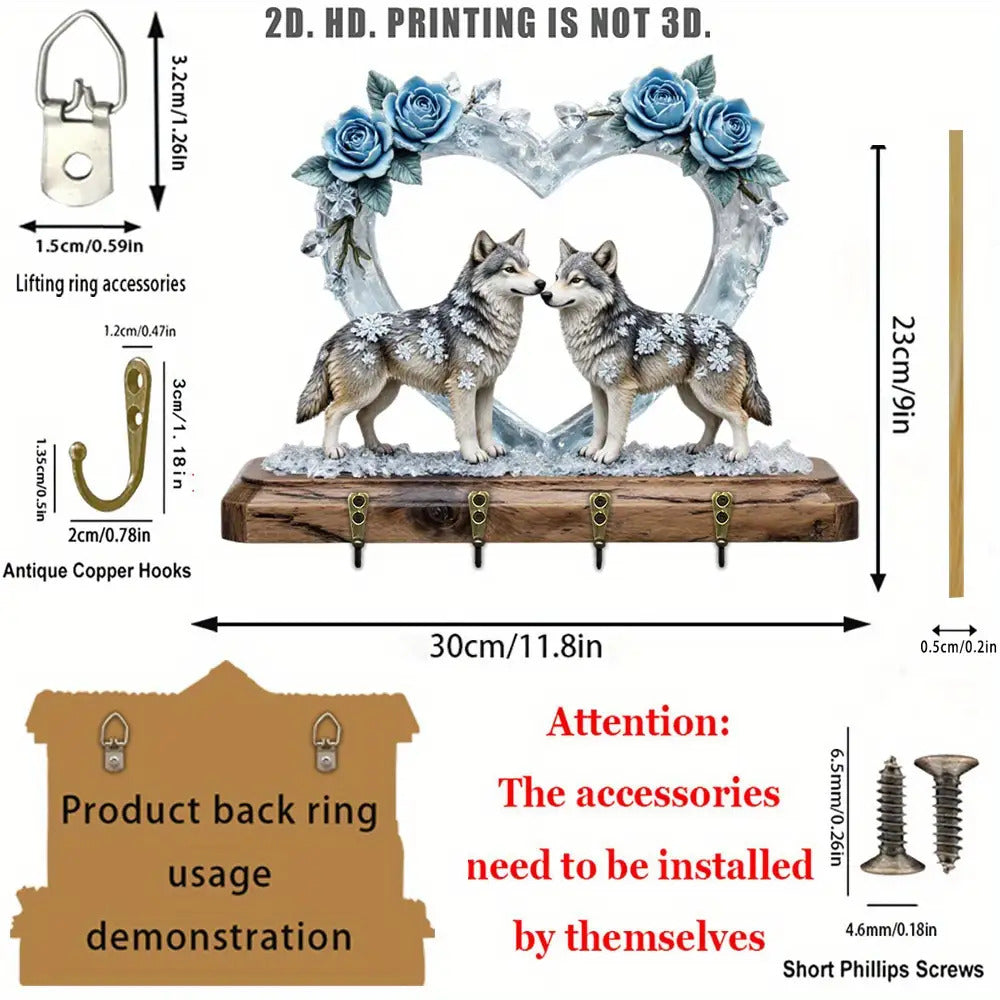 Wolf & Heart Wooden Key Rack - Rustic, Wall-Mounted, 4 Hooks, Winter Wonderland, Christmas Gift