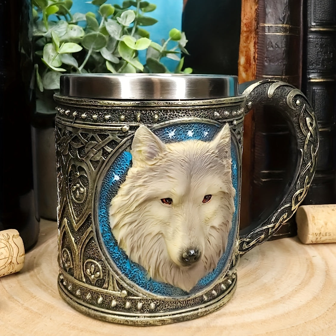 Wolf Magic Mug - Gray Wolf Celtic Tribe, Resin with Stainless Steel Rim, Coffee & Tea