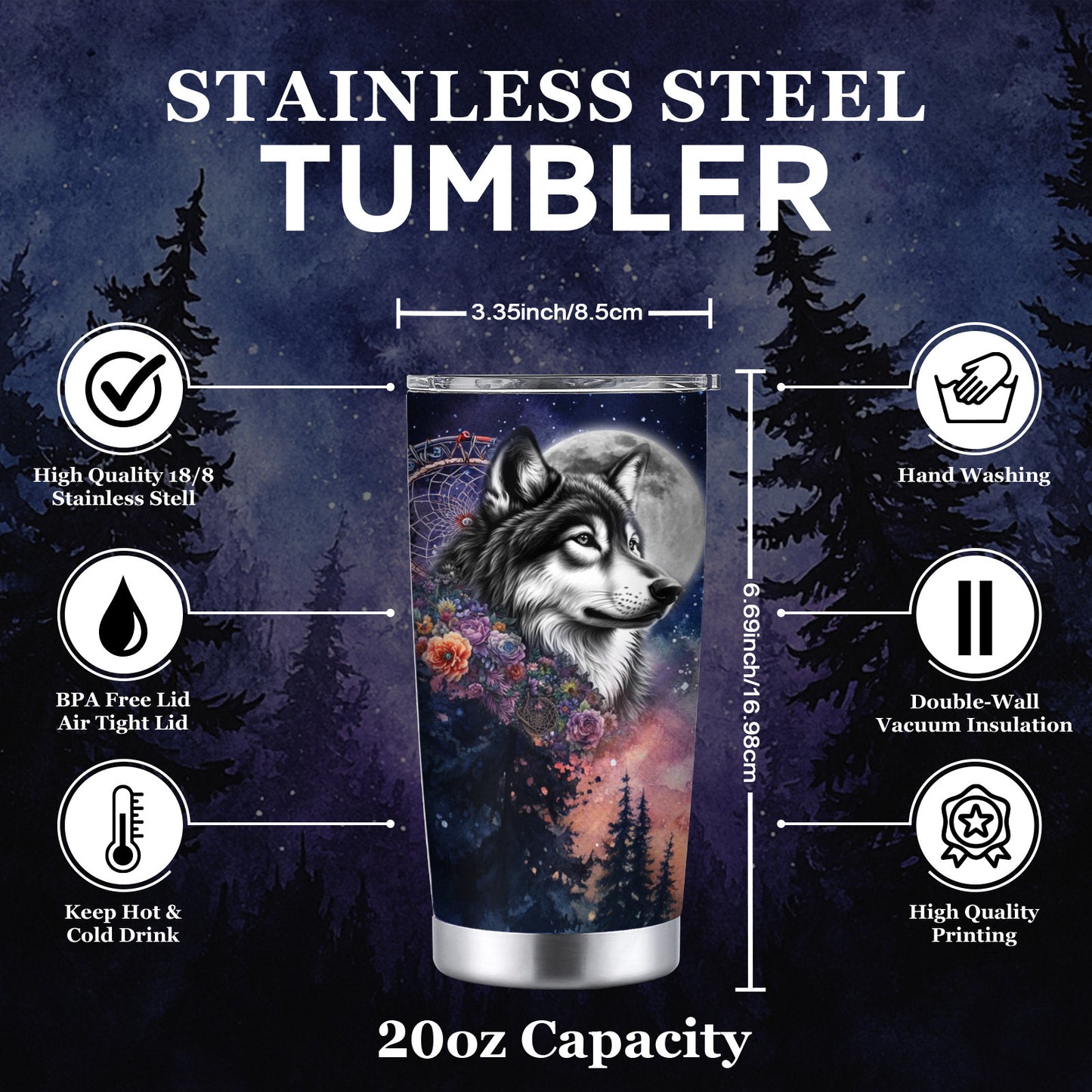 Wolf & Moon Tumbler - 20oz, Double-Wall Insulated, Mystical Forest, Car Cup, Gift