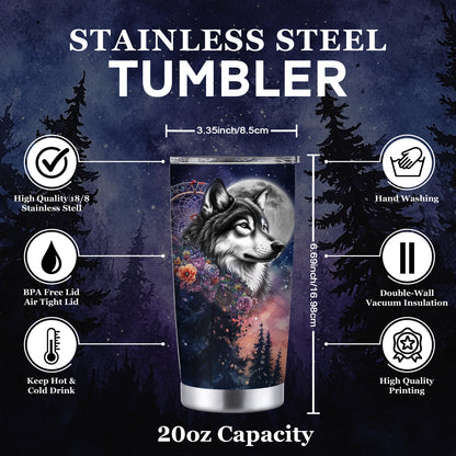 Wolf & Moon Tumbler - 20oz, Double-Wall Insulated, Mystical Forest, Car Cup, Gift