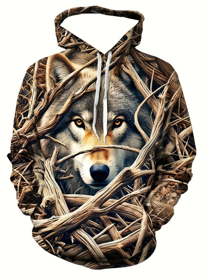 Men's Wolf Print Hoodie - 3D Animal Pattern, Polyester, Regular Fit, Fall/Winter