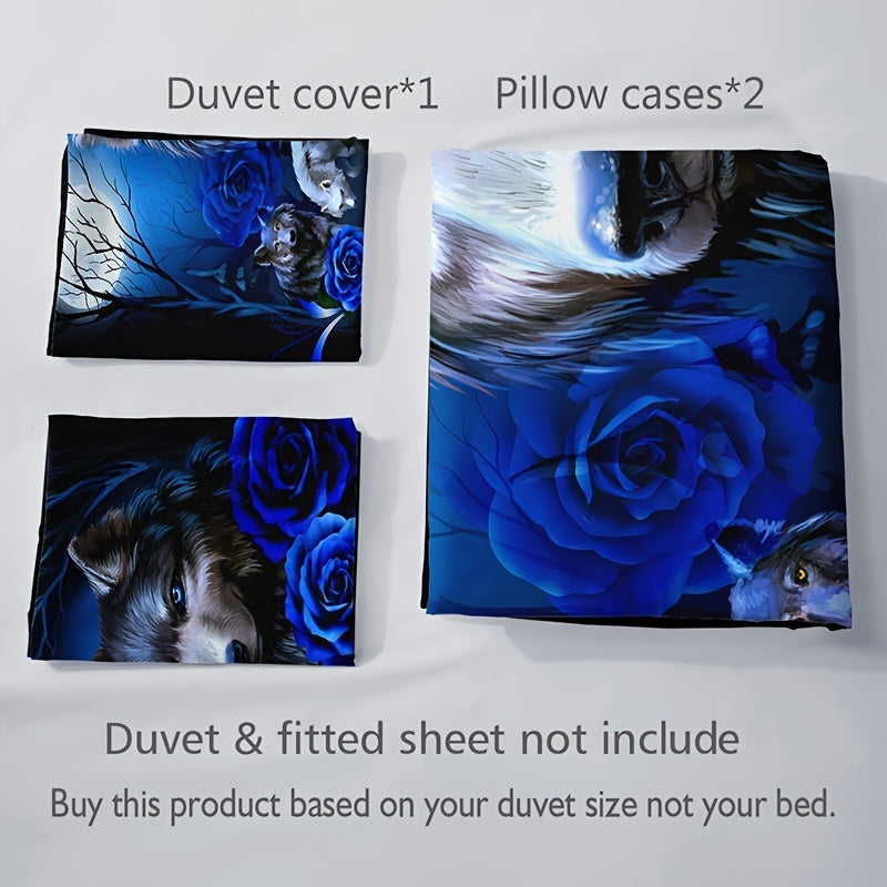 Wolf Blue Rose Duvet Cover Set - 3pcs, Soft, Breathable, All-Season, Bedroom Decor