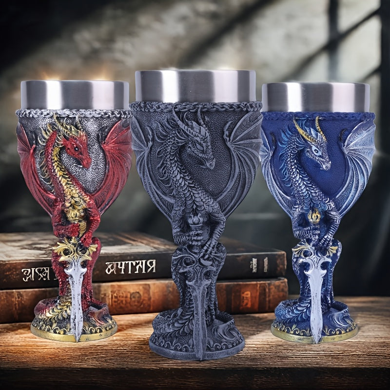 Medieval Dragon & Sword Wine Cup - 7oz, Insulated Stainless Steel, Gothic, Holiday Gift