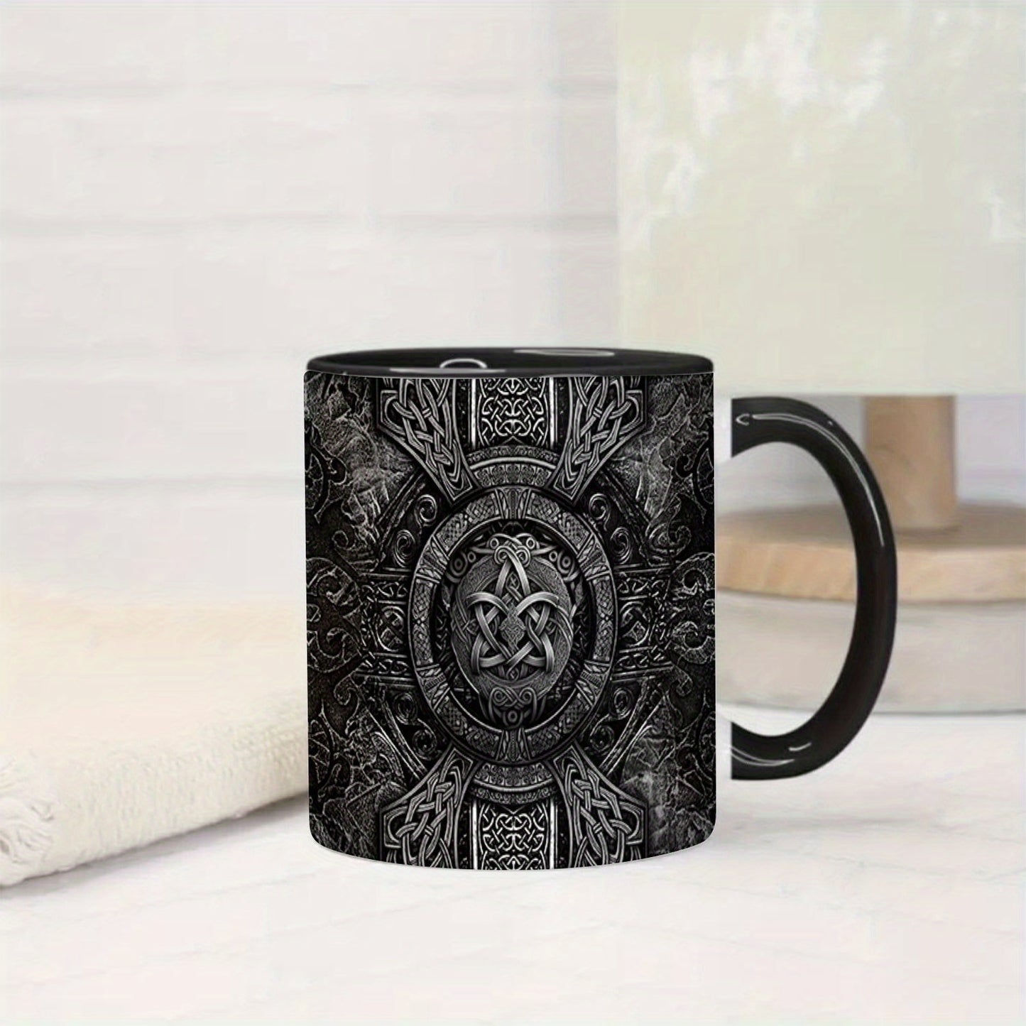 Wolf & Raven Celtic Knot Ceramic Mug - 11oz, Wide Mouth, Hot & Cold, Valentine's Gift