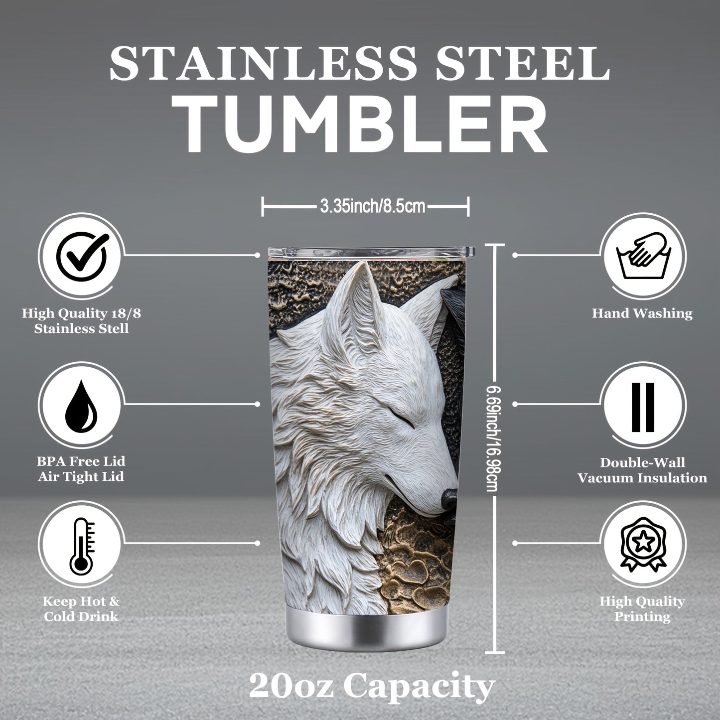 Wolf Design Tumbler - 20oz, Insulated Stainless Steel, Lid Included, Valentine's Gift
