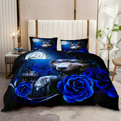 Wolf Blue Rose Duvet Cover Set - 3pcs, Soft, Breathable, All-Season, Bedroom Decor