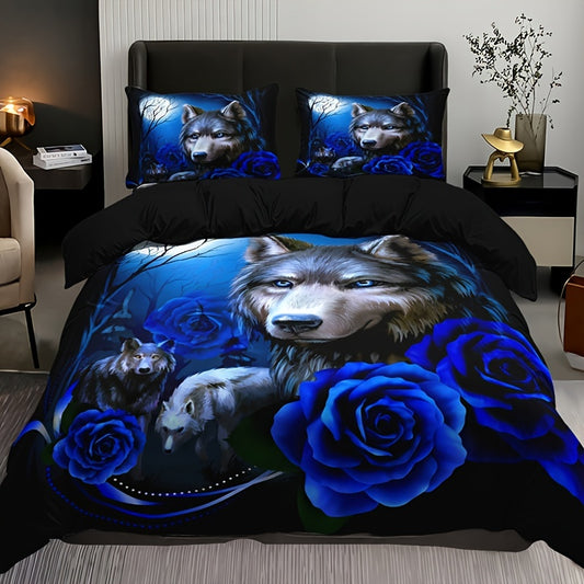 Wolf Blue Rose Duvet Cover Set - 3pcs, Soft, Breathable, All-Season, Bedroom Decor