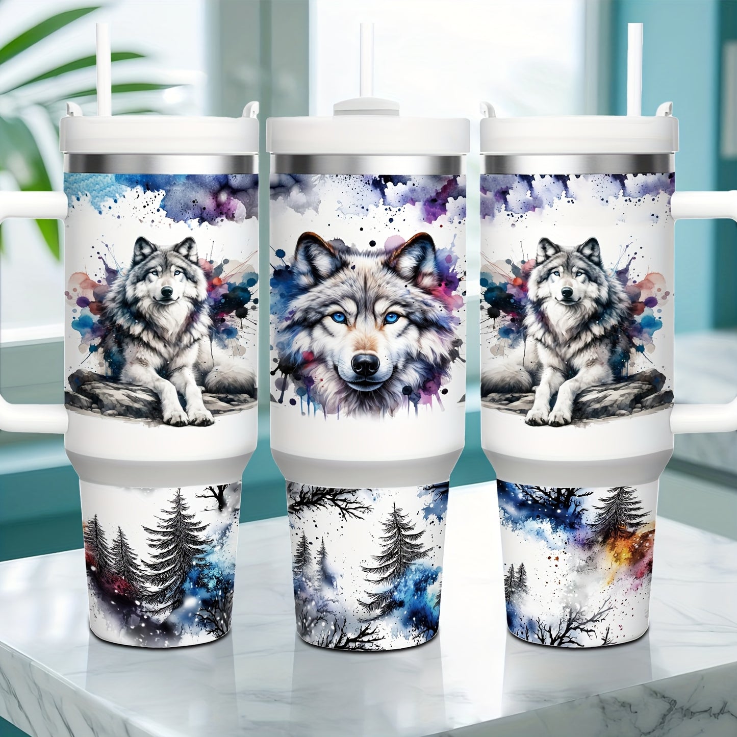 Mikenda Floral Wolf Tumbler - 40oz, Insulated Stainless Steel, Straw & Lid, Hot & Cold