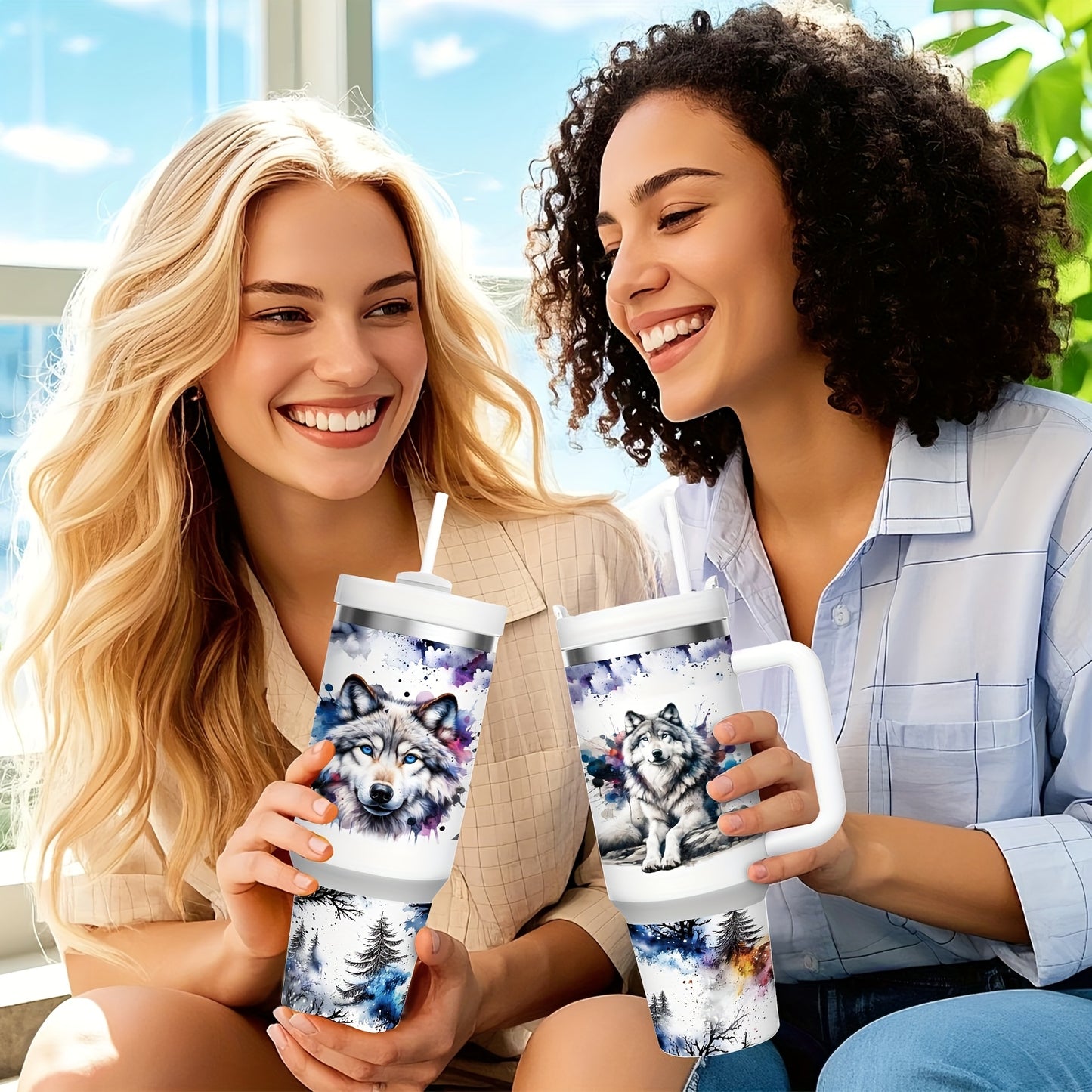 Mikenda Floral Wolf Tumbler - 40oz, Insulated Stainless Steel, Straw & Lid, Hot & Cold