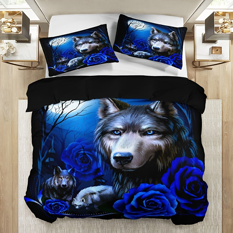 Wolf Blue Rose Duvet Cover Set - 3pcs, Soft, Breathable, All-Season, Bedroom Decor