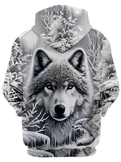 Men's Wolf Print Hoodie - 3D Animal Pattern, Polyester, Regular Fit, Fall/Winter