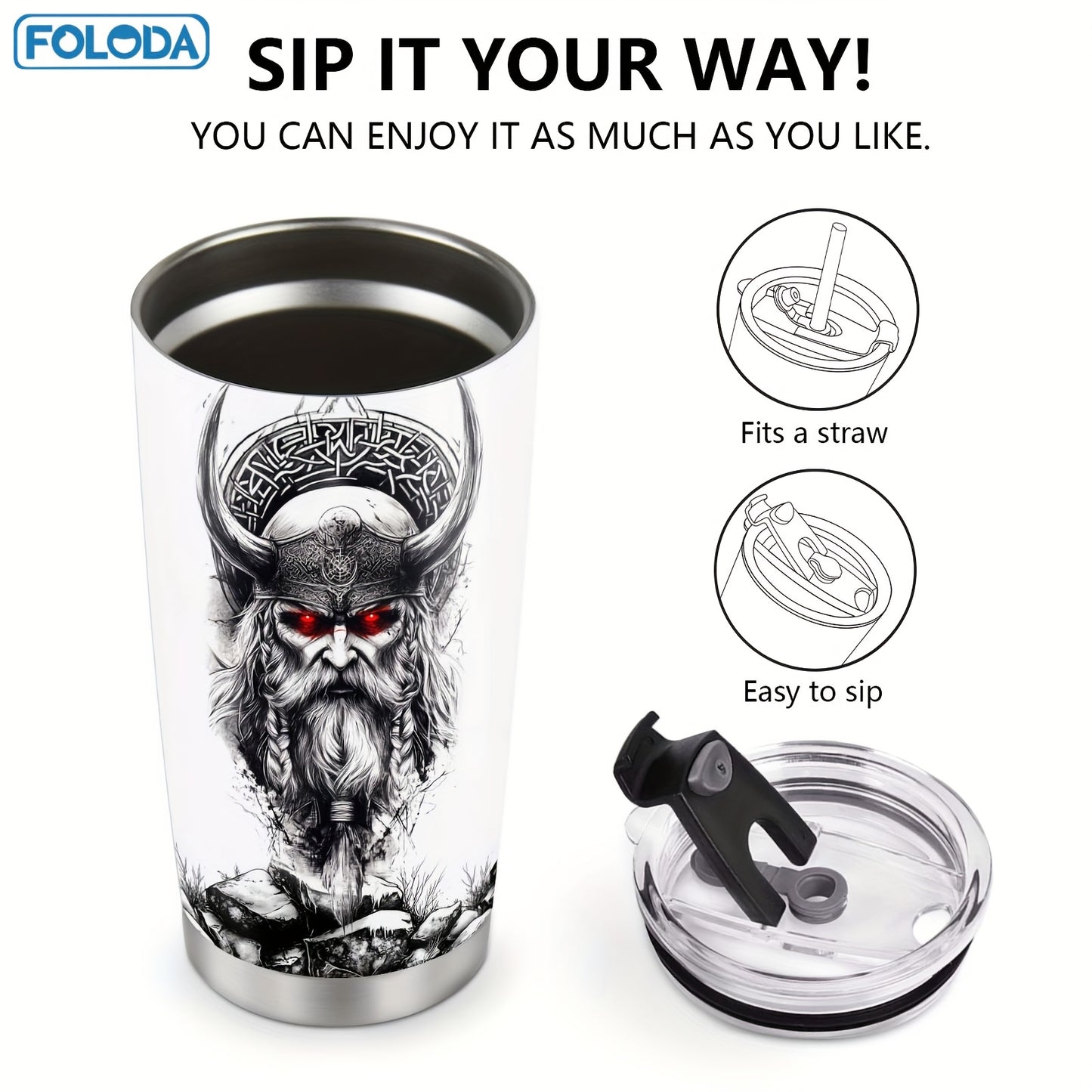 Foloda Viking Wolf Tumbler - 20oz, Insulated Stainless Steel, Lid, Norse Design, Men's Gift