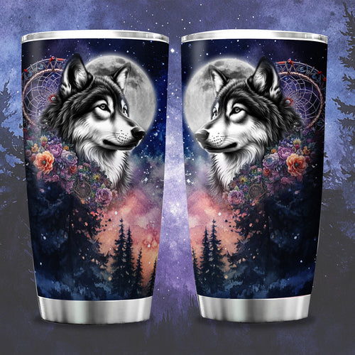 Wolf & Moon Tumbler - 20oz, Double-Wall Insulated, Mystical Forest, Car Cup, Gift