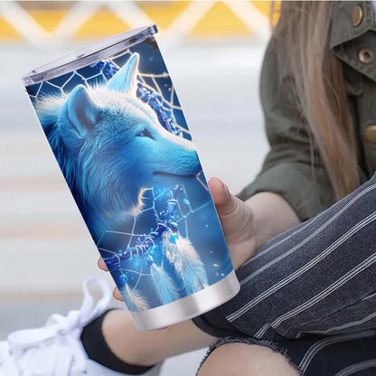 Mystic Guardian Wolf & Dreamcatcher Tumbler - 20oz, Double-Wall Insulated, Travel Mug, Gift