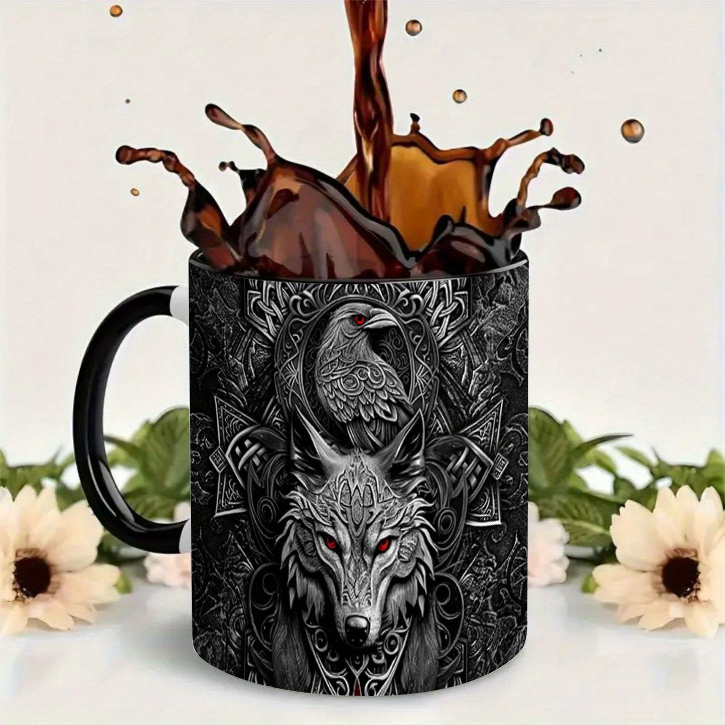 Wolf & Raven Celtic Knot Ceramic Mug - 11oz, Wide Mouth, Hot & Cold, Valentine's Gift