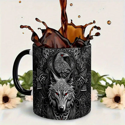 Wolf & Raven Celtic Knot Ceramic Mug - 11oz, Wide Mouth, Hot & Cold, Valentine's Gift