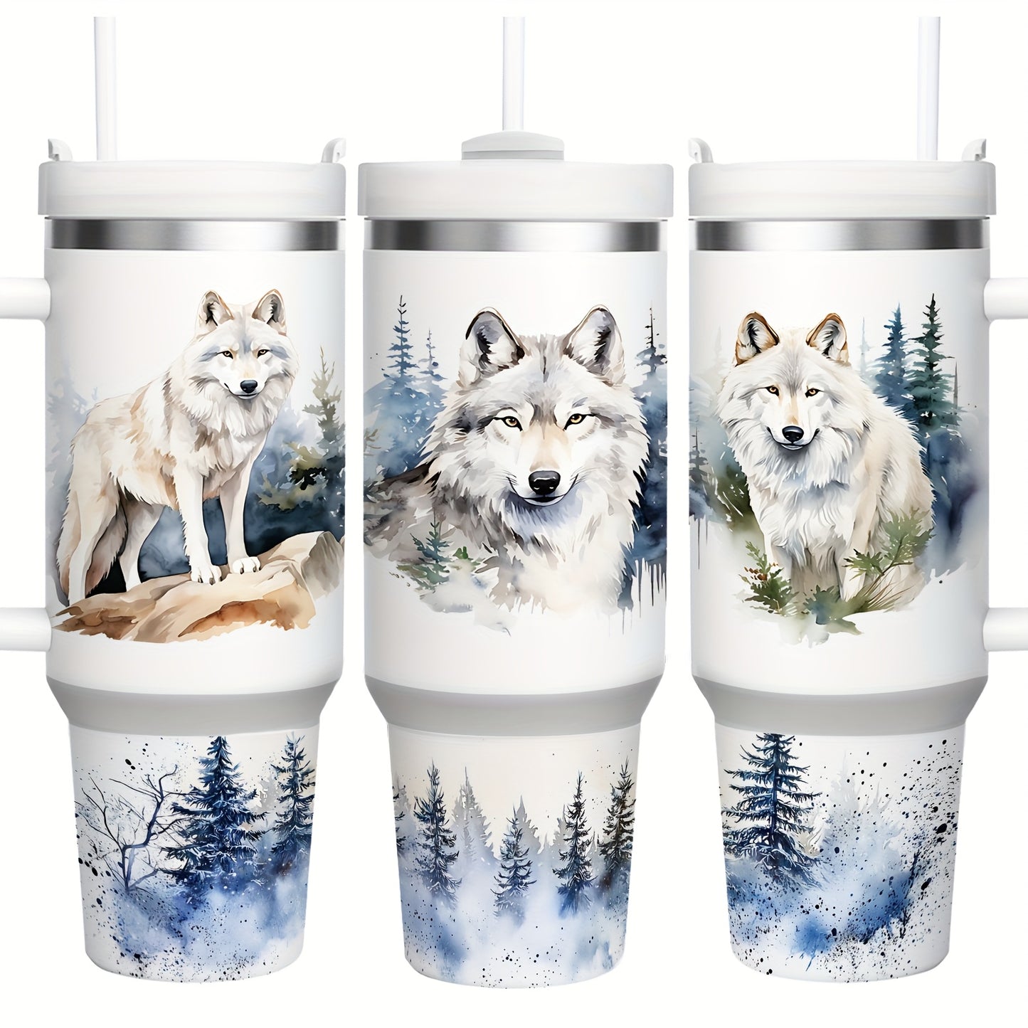 Mikenda Floral Wolf Tumbler - 40oz, Insulated Stainless Steel, Straw & Lid, Hot & Cold