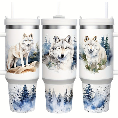 Mikenda Floral Wolf Tumbler - 40oz, Insulated Stainless Steel, Straw & Lid, Hot & Cold