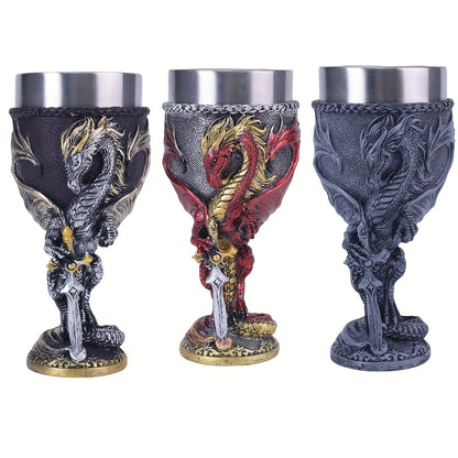 Medieval Dragon & Sword Wine Cup - 7oz, Insulated Stainless Steel, Gothic, Holiday Gift