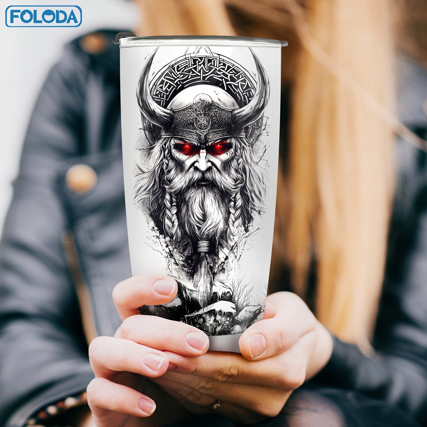 Foloda Viking Wolf Tumbler - 20oz, Insulated Stainless Steel, Lid, Norse Design, Men's Gift
