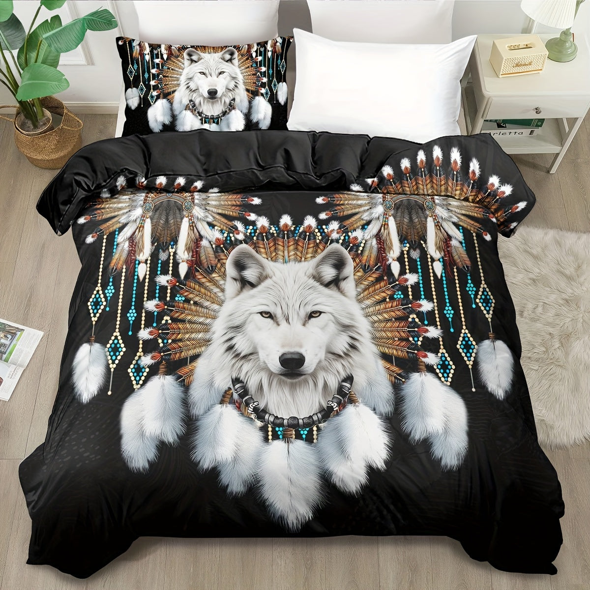 Western Tribe Wolf Duvet Cover Set - 2/3pcs, Soft, King Size, Animal Print, All-Season