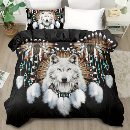 Western Tribe Wolf Duvet Cover Set - 2/3pcs, Soft, King Size, Animal Print, All-Season