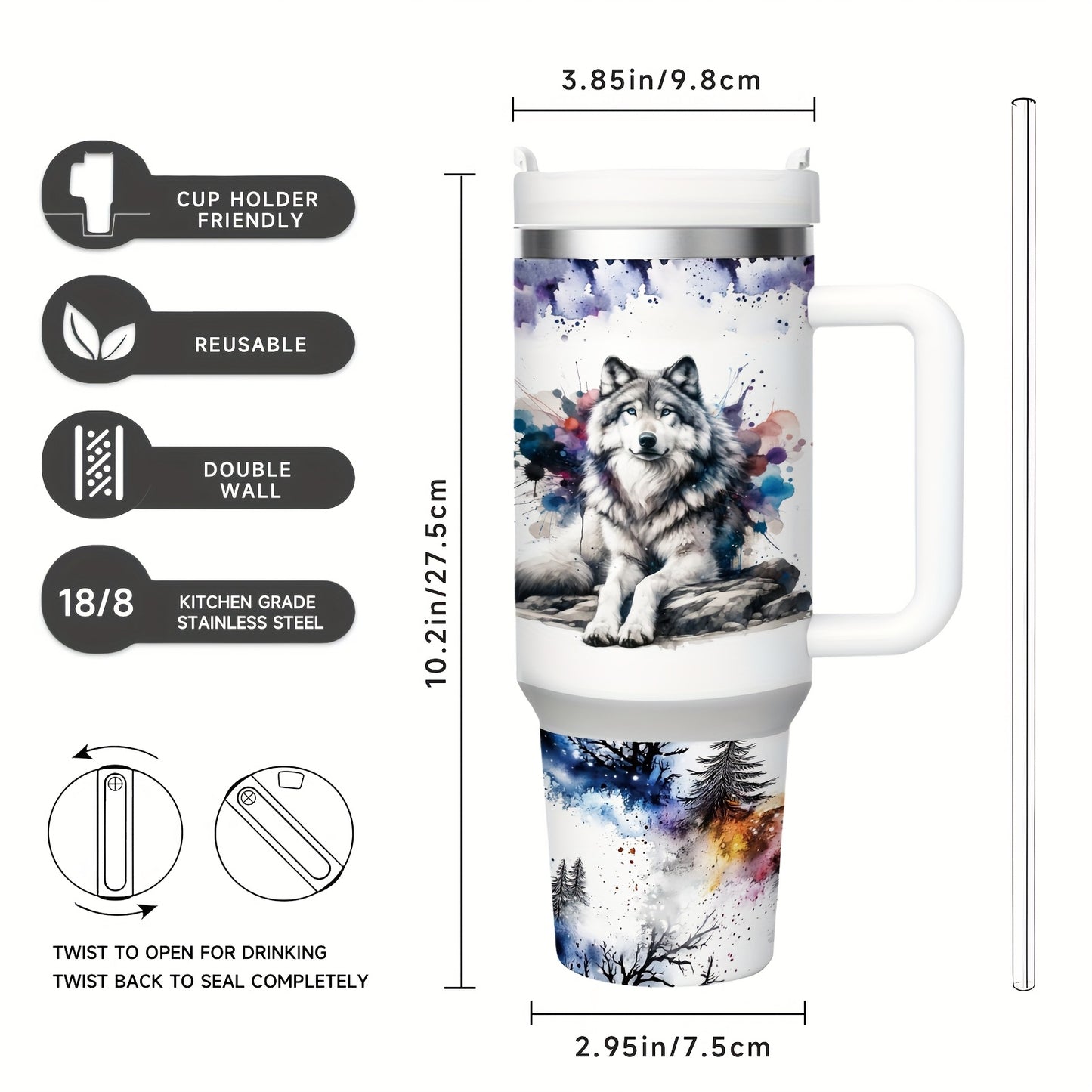 Mikenda Floral Wolf Tumbler - 40oz, Insulated Stainless Steel, Straw & Lid, Hot & Cold