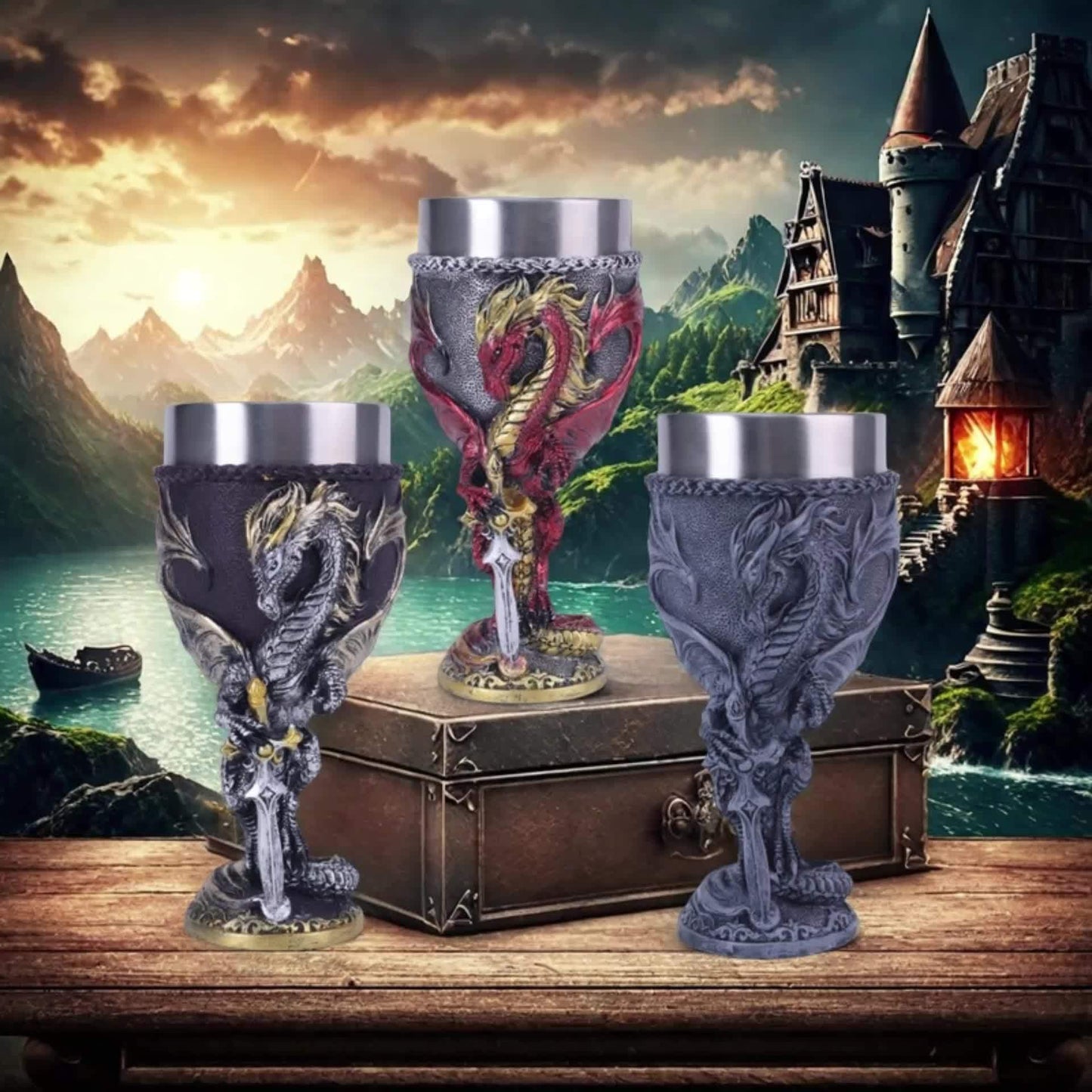 Medieval Dragon & Sword Wine Cup - 7oz, Insulated Stainless Steel, Gothic, Holiday Gift