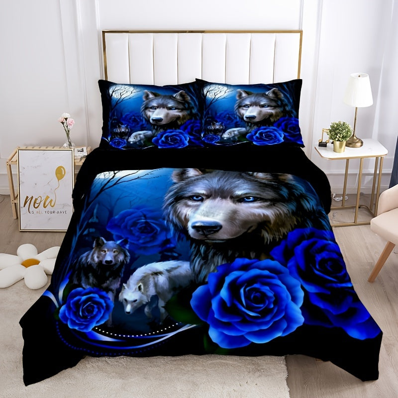 Wolf Blue Rose Duvet Cover Set - 3pcs, Soft, Breathable, All-Season, Bedroom Decor