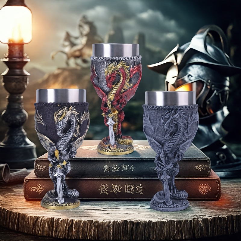 Medieval Dragon & Sword Wine Cup - 7oz, Insulated Stainless Steel, Gothic, Holiday Gift