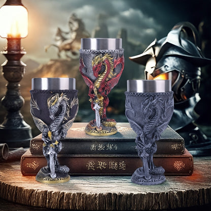 Medieval Dragon & Sword Wine Cup - 7oz, Insulated Stainless Steel, Gothic, Holiday Gift