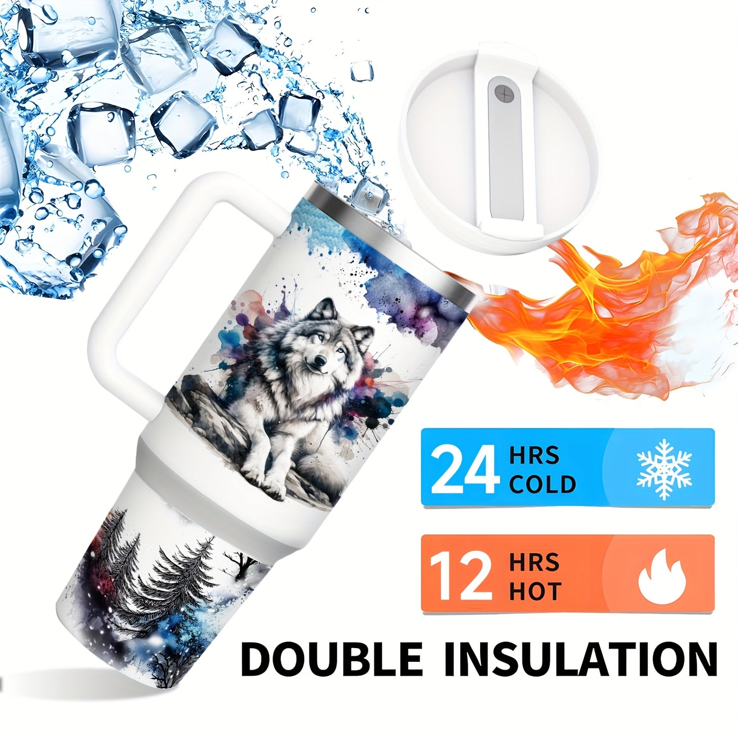 Mikenda Floral Wolf Tumbler - 40oz, Insulated Stainless Steel, Straw & Lid, Hot & Cold